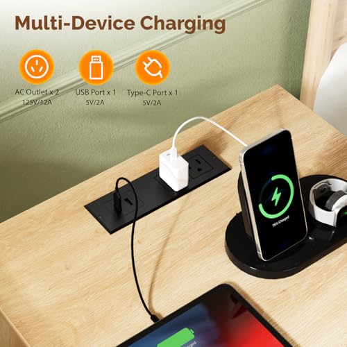 Image of VINGLI Fluted Nightstands Set of 2 with Charging Station, 3 Drawer Nightstand Oak Night Stand for Bedroom, Modern Nightstands Set of 2, Fluted Bedside Table /End Table /Side Table, 2 pcs