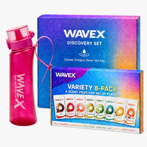 Image of Wavex Scented Water Bottle + 8 Aroma Scent Pods (Cola, Strawberry, Honey Peach, Energy Drink, Green Apple, Mint, Lemon, Orange Vanilla), Flip Top Lid, Straw & Carry Strap Included (Wild Berry Pink)