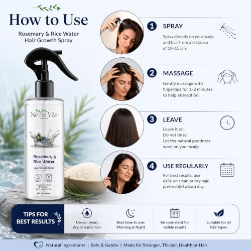 Image of Rosemary & Rice Water Hair Growth Spray - Natural Hair Care Solution for Thicker, Stronger Hair | Boost Hair Growth & Reduce Hair Fall (200 ml, Pack of 2)