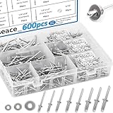 smseace 600pcs 11-Values 304 Stainless Steel Pop Rivets with Backup Rivets Washers Assortment Kit 8-Values 304 Stainless Steel Blind Rivets (1/8' 5/32' 3/16') 3-Values Rivet Washers