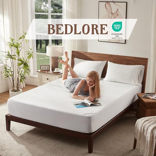 BEDLORE Twin Mattress Protector, Waterproof Noiseless Mattress Cover with Stretchable Pockets for 6-15 inches Mattress, Soft Breathable Mattress Pad Machine Washable (White)