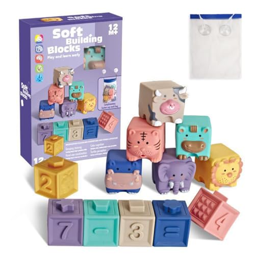 Image of Baby Building Blocks 12Pcs Soft Building Blocks Toy Set, Silicone Bath Toys Chewable, Educational Squeeze Play Toys for Babies Over Six Months Old
