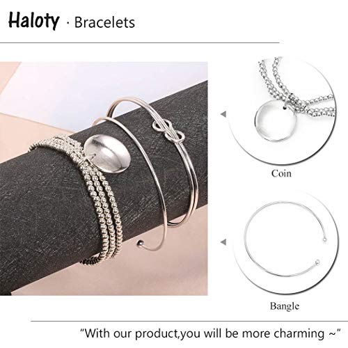Boho Layered Knot Bangle Stackable Bracelets Silver Dainty Coin Beaded Hand Jewelry for Women and Men 5Pcs (Coin)3