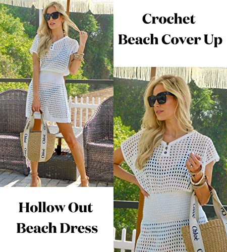 AOLRO Women's Swim Coverups Crochet Hollow Out Short Sleeve V Neck Beach Swimsuit Bathing Suit Cover Up Dresses S-XXL2