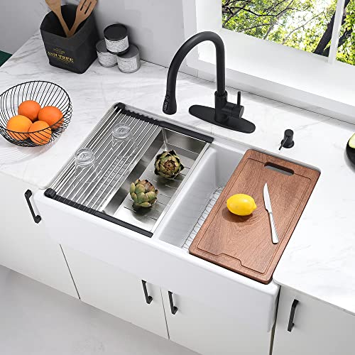 33 Inch White Double Bowl Farmhouse Sink Workstation-Bokaiya 33X20 Fireclay Farmhouse Sink Apron Front Sink White Porcelain Ceramic Reversible 50/50 Double Bowl Kitchen Sink With Accessories #TOP1