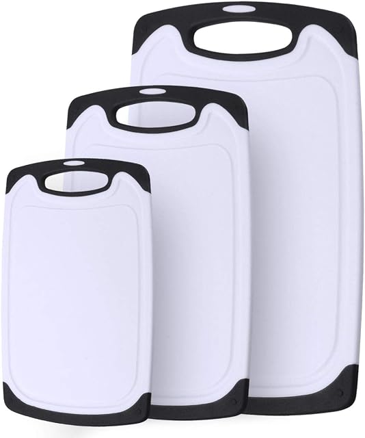 Vicloon Chopping Board Set, 3 Pcs Plastic Cutting Board Set, Chopping Board with Juice Grooves and Hanging Hole, BPA-Free, Non-Porous, Dishwasher Safe, for Kitchen Meat, Vegetables, Bread and Fruit