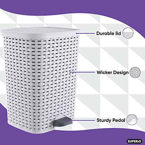 Image of Superio Small Outdoor Trash Can with Lid for Dog Poop 6.8 Gallon /26 L Step On Plastic Garbage Can with Foot Pedal for Bathroom, Bedroom, Office, Patio, Wicker Smoke