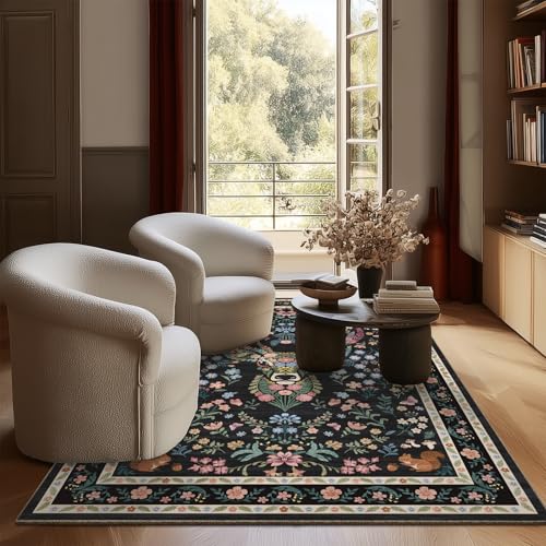 Image of Area Rug Vintage Floral Deer Pattern 4x6 - Bohemian Forest Animal Carpet with Squirrel & Butterfly, Soft Decorative Area Rug for Living Room Bedroom Home Decor