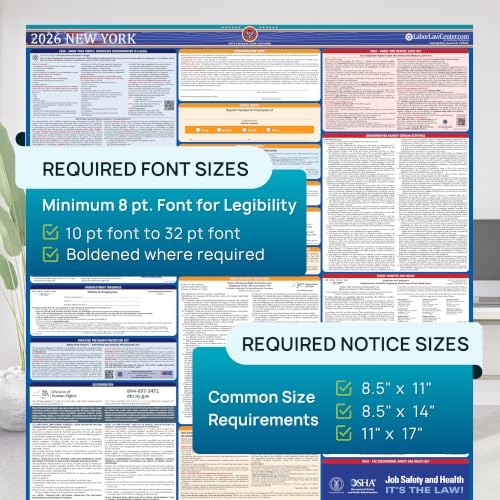 Image of New York 2026 Labor Law Poster - State & Federal Employment Compliance - OSHA, EEOC, FMLA, Minimum Wage- Premium Paper Workplace Poster - Folded & Unlaminated - Envelope Packed - 26 inch x 39.5 inch