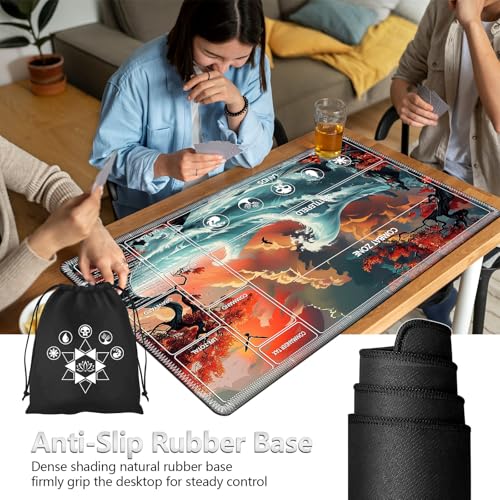 Image of for MTG Playmat with Card Storage Bag,Non-Slip Rubber Base & Smooth Surface 27.6x15.7in,Beginner-Friendly Magic Mat for Commander Deck,Red Trees Sunset Waves