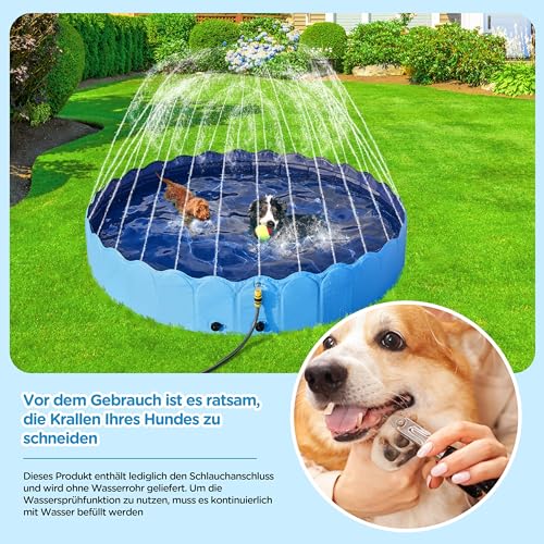 Yaheetech Hundepool 160cm mit Sprinkler, 0.6cm Verdickter Faltbarer Planschbecken für Hunde, rutschfest Hundeplanschbecken, Wasserspielzeug für Sommer Outdoor Garten, Blau