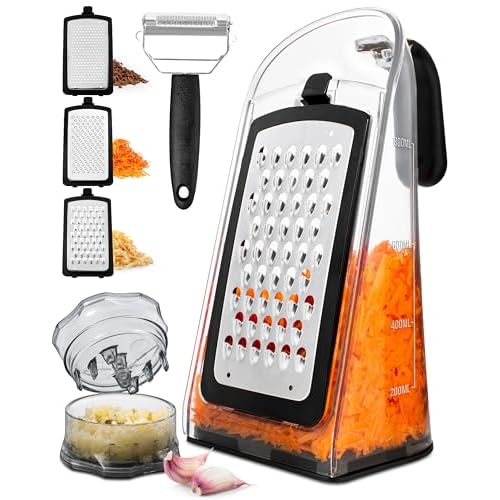 Cheese Grater with Garlic Crusher – Box Grater Cheese Shredder – Cheese Grater with Handle – Graters for Kitchen Stainless Steel Food Grater – Garlic Mincer Tool and Vegetable Peeler