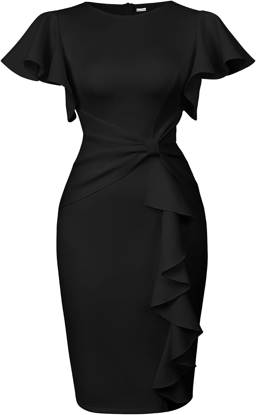 Memoriesea Women's Wear to Work Vintage Ruffle Peplum Cocktail Pencil Knee Midi Dress