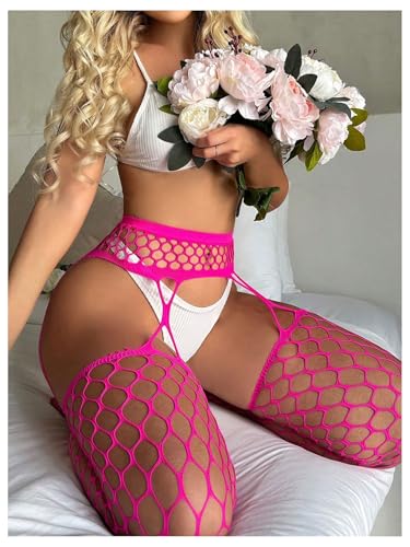 WDIRARA Women's Mesh Sheer Stockings Garter Fishnet High Suspender Pantyhose Sexy Tights3