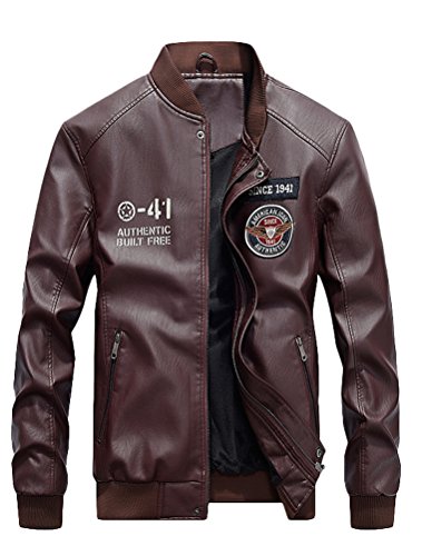 Lavnis Men's Faux Leather Jacket Casual Long Sleeve Stand Collar Baseball Coat Red 2XL