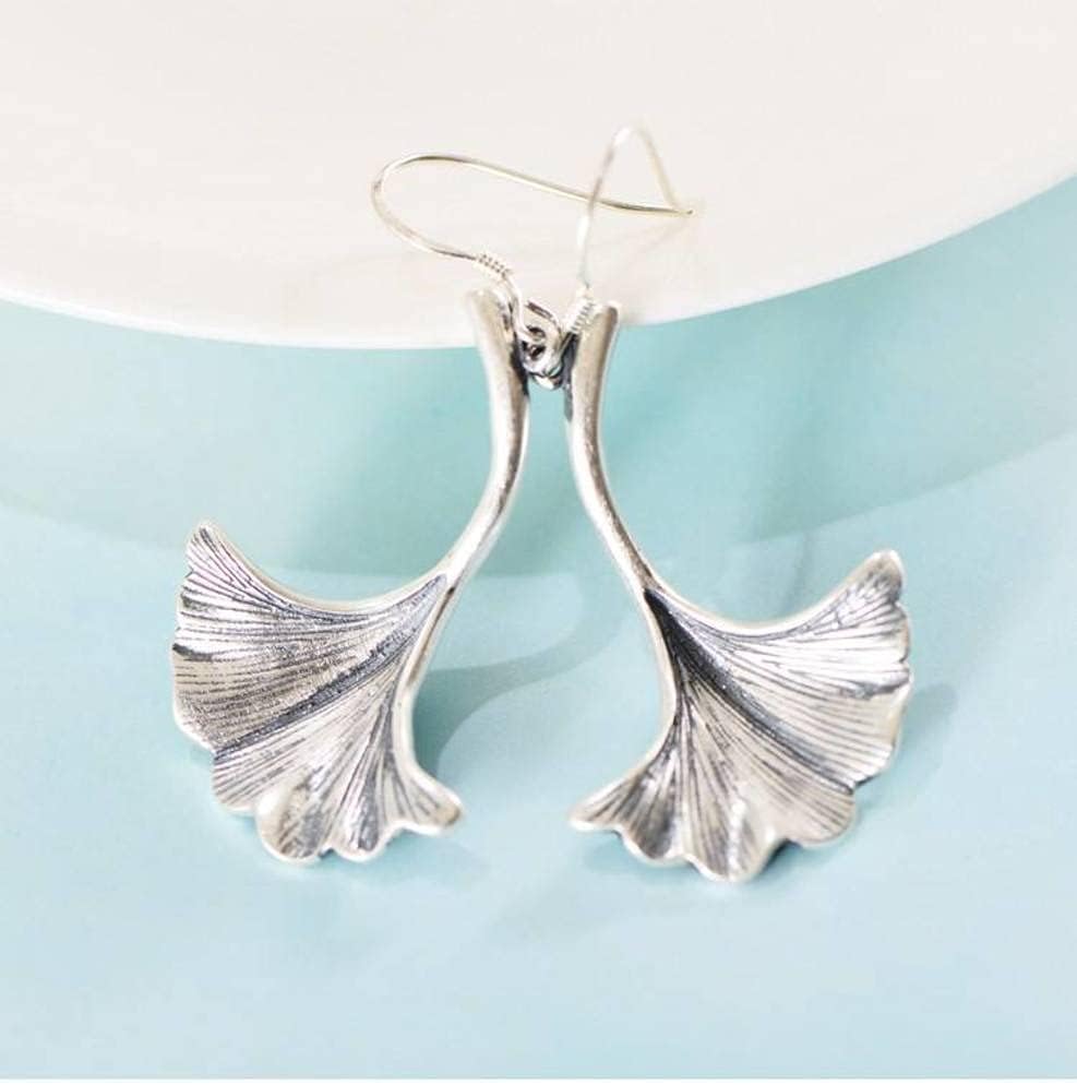 Ears990 Sterling Silver Vintage Thai Silver Do Old Personality Fan-Shaped Ginkgo Leaf Earrings Female Earrings/Silver