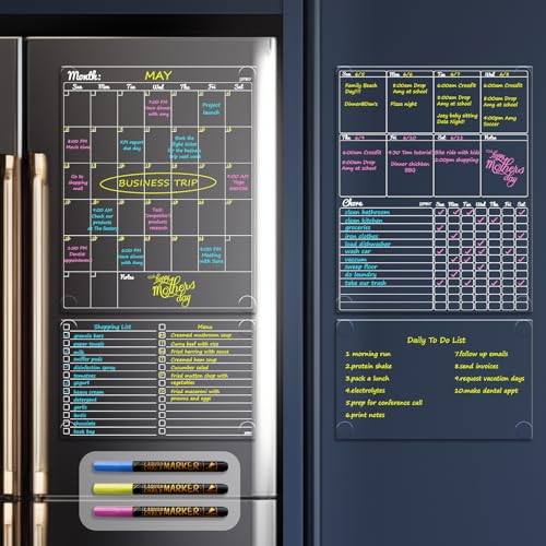 Image of JJPRO Non-Magnetic Dry Erase Calendar - Monthly & Weekly Chart, List & Blank Board for Smooth Surfaces. Clear Reusable Calendar Sticks to Fridge, Cabinet, Door & Glass