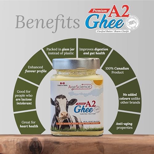 AgeScience Canadian A2 Ghee – Casein Free, Lactose-Free Clarified Butter, Glass Jar – 650g - 3