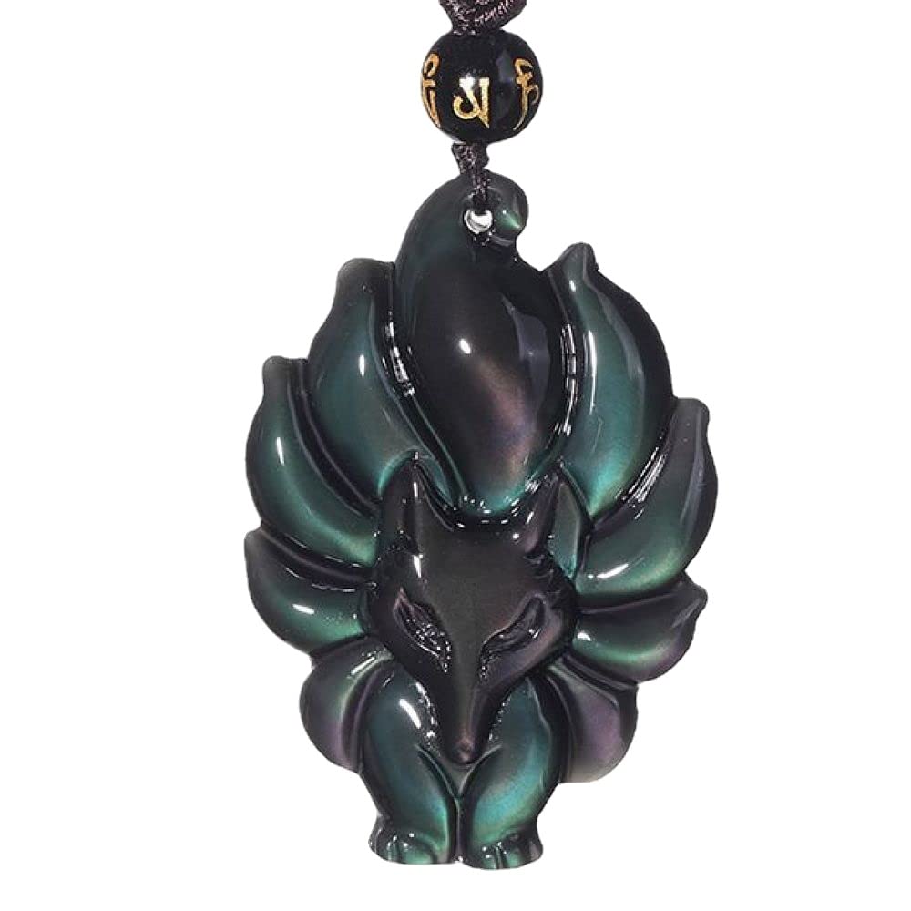 GenericObsidian crystal wolf head nine tail fox obsidian necklace pendant bead with bead chain for wen