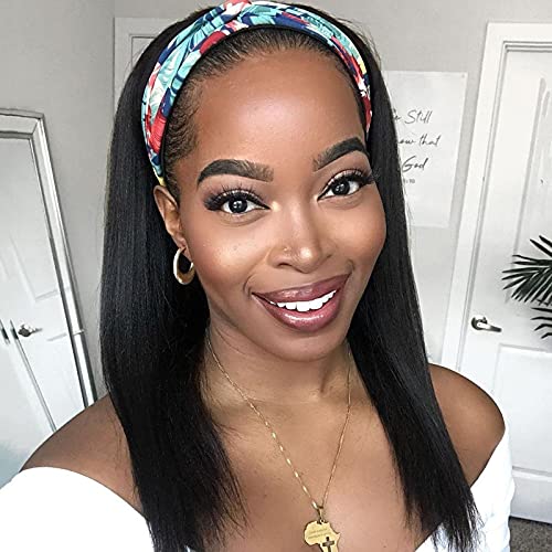 Headband Wigs Human Hair, Straight Hair Headband Wigs for Black Women, Glueless Ice Silk Headband Wigs Brazilian Virgin Human Hair Headband Wig Straight Hair Natural Color 150% Density (14 Inch)