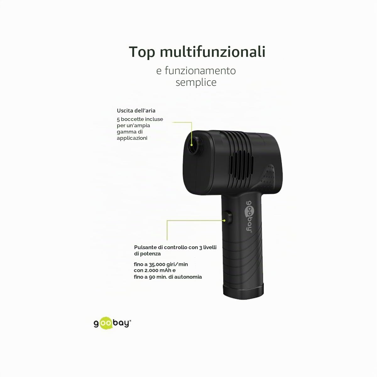 goobay 61667 Soffiatore elettrico/Pulizia di PC, tastiere, radiatori, divani, ecc. / Batteria ricaricabile da 2.000 mAh 35.000 giri/min fino a 90 minuti di funzionamento/Luce LED integrata