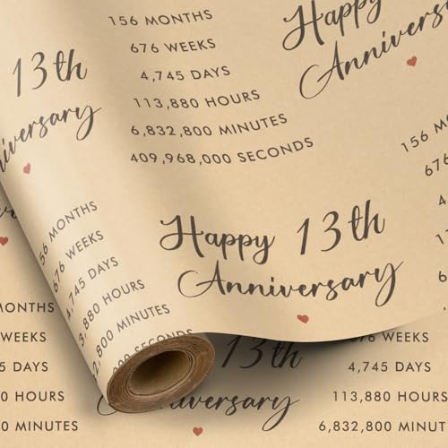 RUSPEPA Geschenkpapierrolle für Spitzenhochzeiten – 43,2 cm x 5 m – „Happy 13th Anniversary“-Muster auf strapazierfähigem Kraftpapier für...