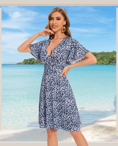 Image of Women Casual Summer Dress 2025 Beach Vacation Floral Sundress Short Sleeve Wrap V-Neck Modest Dresses
