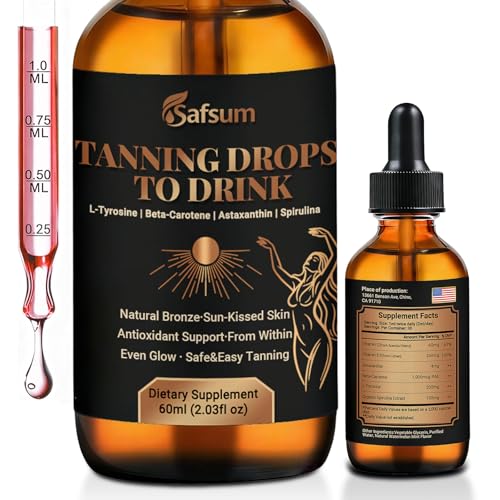 Tanning Drops to Drink - Natural Sunless Tanning Glow Drops with Beta-Carotene Astaxanthin L-Tyrosine & Spirulina Support Natural Bronze Skin & Antioxidant Defense 60ml 30-Day Supply