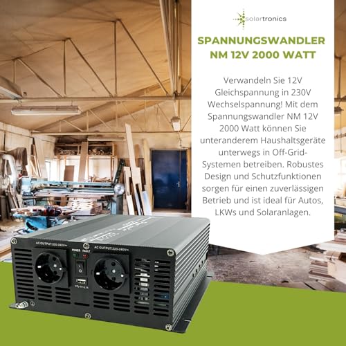 SOLARTRONICS Spannungswandler NM2000 12V 2000 Watt SCHWARZ - 4000 Watt Spitzenleistung - Wechselrichter 12v auf 230v - Blei- oder AGM-Batterie kompatibel - mit Schuko- & USB Anschluss