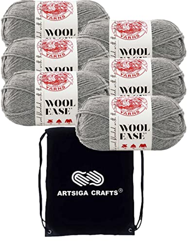 Lion Brand Wool Ease Grey Heather 620-151 (6-Skeins - Same Dye Lot) Worsted Medium #4 Acrylic, Wool Yarn for Crocheting and Knitting with Project Bag