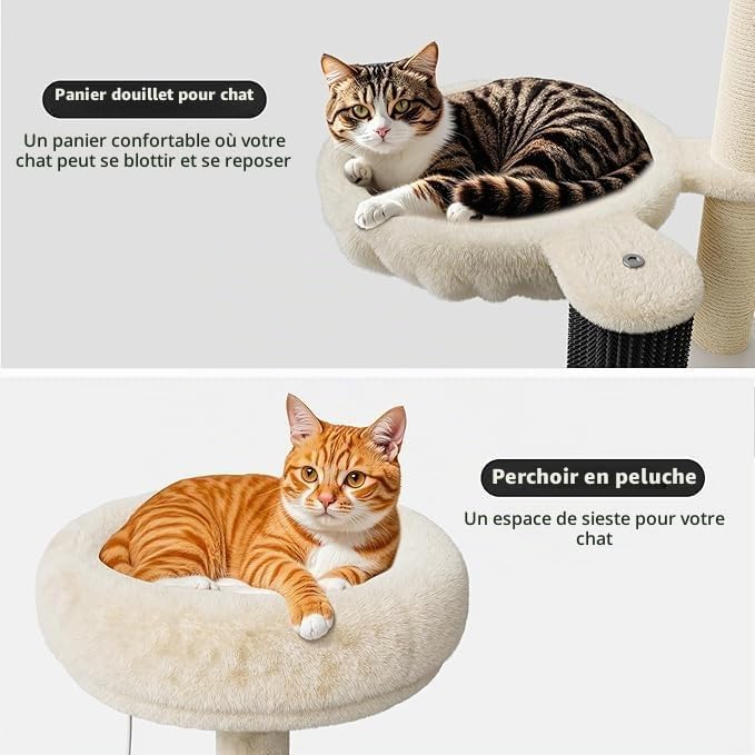 Arbre à Chat avec Meuble Litiere Chat, 140cm Armoire Litiere pour Chat, Niche,Tour de Jeu, Griffoir avec Maison de Toilette, 2 Grandes Plateformes, Balles Suspendues, Blanc