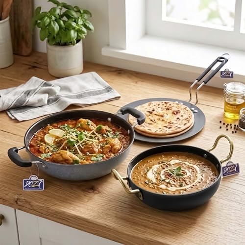 Image of DOZY Iron Cookware Set of 3 Iron Rich Non-Stick 2 Kadhai & 1 Tawa | Induction & Gas Compatible | Chemical Free | Cookware Combo | Better Heat Retention | Pre-Seasoned | Cookware Set for Kitchen