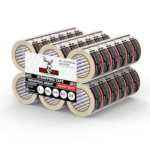 36 Pack Buck Strapping Tape 2 Inch x 60 Yds (180ft), 5.5 Mil – Heavy Duty Fiberglass Tape, Filament Tape, Reinforced Packing Tape with Synthetic PET Adhesive for Bundling, Shipping &amp; Palletizing
