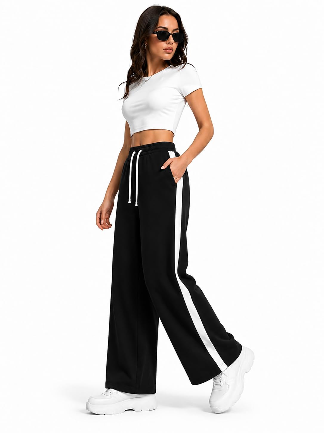 Women's Wide Leg Track Pants, Black with White Side Stripe, Drawstring Waist, Pockets-image-35