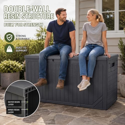 Image of 300 Gallon Outdoor Storage Deck Box, Extra Large Waterproof Resin Storage Box for Patio Cushions, Garden Tools, Pool Supplies, Outdoor Furniture Accessories, Black