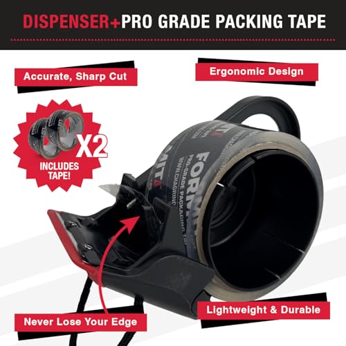 Image of Clear Packing Tape with Dispenser (2 Rolls) - Packaging | Professional Grade for Boxes, Shipping with Refillable Dispenser, Fits Standard Bulk Up to 2 inch Wide