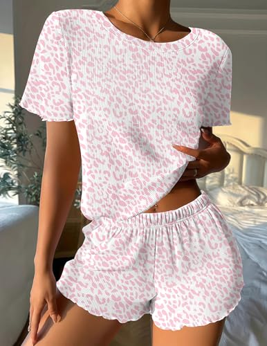 Image of Ekouaer Womens Pajamas 2 Piece Ribbed Knit Pjs Short Sleeve Sleepwear Set Summer Soft Pajamas Set Casual Lounge Sets