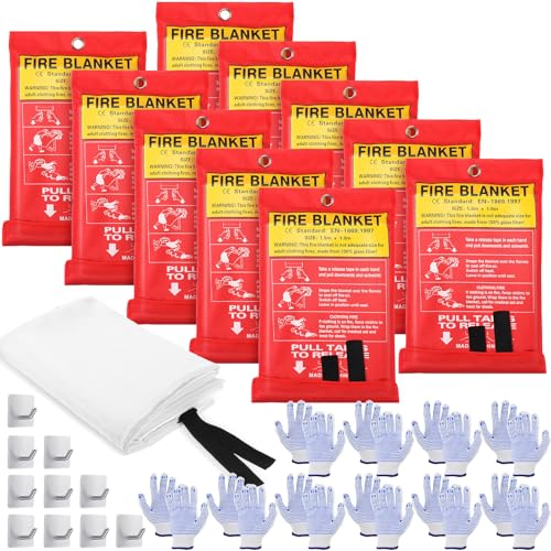 Image of Macarrie 10 Pack Emergency Fire Blanket Bulk with Hooks and Gloves 40''x 40'' Commercial Fire Suppression Fiberglass Safety Fireproof Blanket Survival for Restaurant School Kitchen Donation Supply