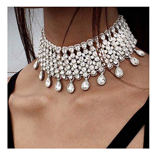 Fstrend Boho Crystal Tassel Choker Necklaces Wide Collar Full Rhinestone Water Drop Pendant Silver Necklace Festival Party Halloween Fashion Jewelry Accessories for Women and Girls