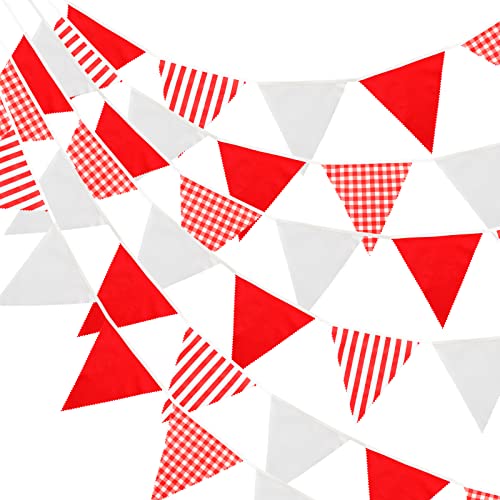 G2PLUS 12M Red and White Stripe Fabric Bunting, 42PCS Cloth Gingham Bunting, Cotton Stripe Banner Pennant