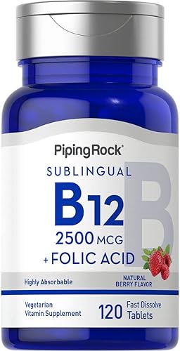 Piping Rock Vitamina B12 Sublingual | 2500 mcg | 120 tabletas | con ácido fólico | Suplemento para mujeres y hombres | Sabor a bayas | Vegetariano,