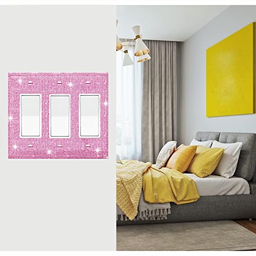 Image of Shiny Silver Pink Rhinestones Light Switch Cover Decorative Outlet Covers Wall Plate Triple Toggle Outlet Covers Wall Outlet Rhinestone Wall Plate Cover