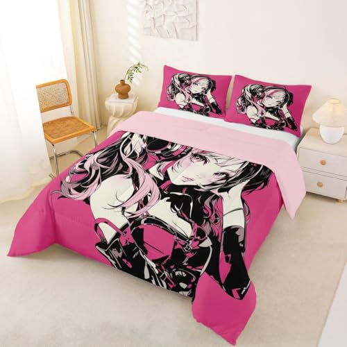 Image of Erosebridal Pink Anime Girls Bedding Cartoon Japanes-Style Comforter Set Queen, Graffiti Street Culture Bed Comforter Set for Kids Teens Youth Watercolor Hippie Style Duvet Set 3Pcs