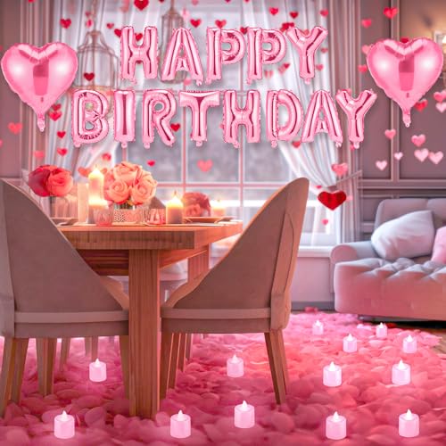 Image of Pink Happy Birthday Balloons Decorations Happy Birthday Letter Balloons Banner Set with 24pcs Round Flameless LED Candles and 2000pcs Artificial Rose Petals for Women Men Room Party Decor