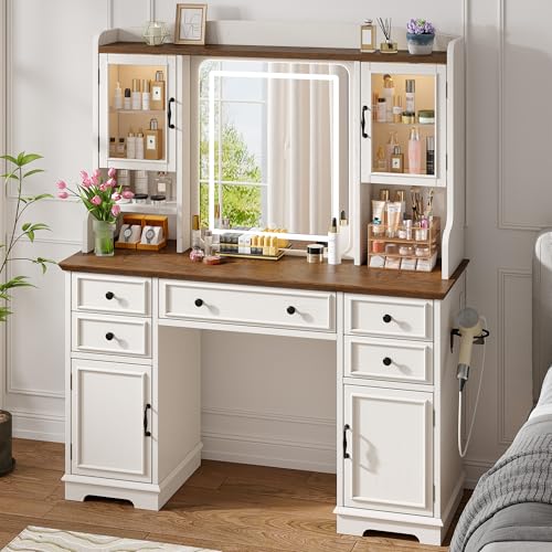 EnHomee Farmhouse Vanity Desk with LED Lighted Mirror, Makeup Vanity Table with RGB Cabinets and Lots Storage, 5 Drawers and 6 Storage Shelves for Bedroom and Dressing Room, White