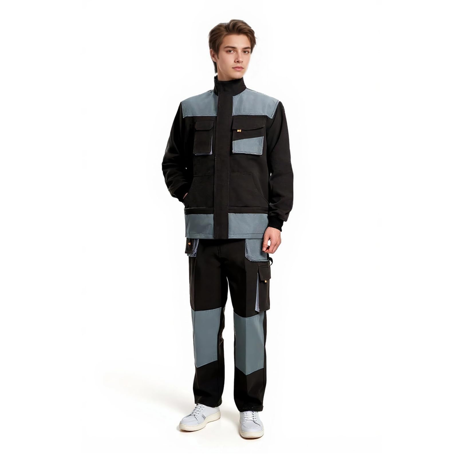 Maizoon Tuta da lavoro multifunzione da uomo, a maniche lunghe, giacca antivento e pantaloni multi tasche, per meccanica, magazzino, garage