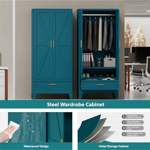 Image of Blue Metal Wardrobe Closet for Bedroom, 71 inch Freestanding Armoire Wardrobe with Drawer and Shelf, Hanging Rod Clothing Storage Cabinet with Two Doors, Tall Farmhouse Clothes Cabinet Bedroom Armoires