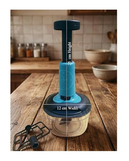 Image of Hand Push Vegetable Chopper | Manual Food Chopper with Stainless Steel Blades | Onion Cutter, Garlic Cutter, Chilli Cutter | M (Blue, M)