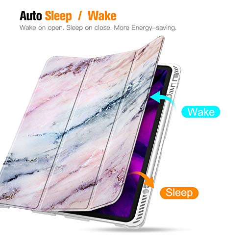 Casebot Slimshell Case For Ipad Pro 12.9" 4Th & 3Rd Generation 2020/2018 With Pencil Holder - Smart Stand Soft Tpu Back Cover, Support Pencil 2Nd Gen Charging & Auto Wake/Sleep, Marble Pink #TOP2