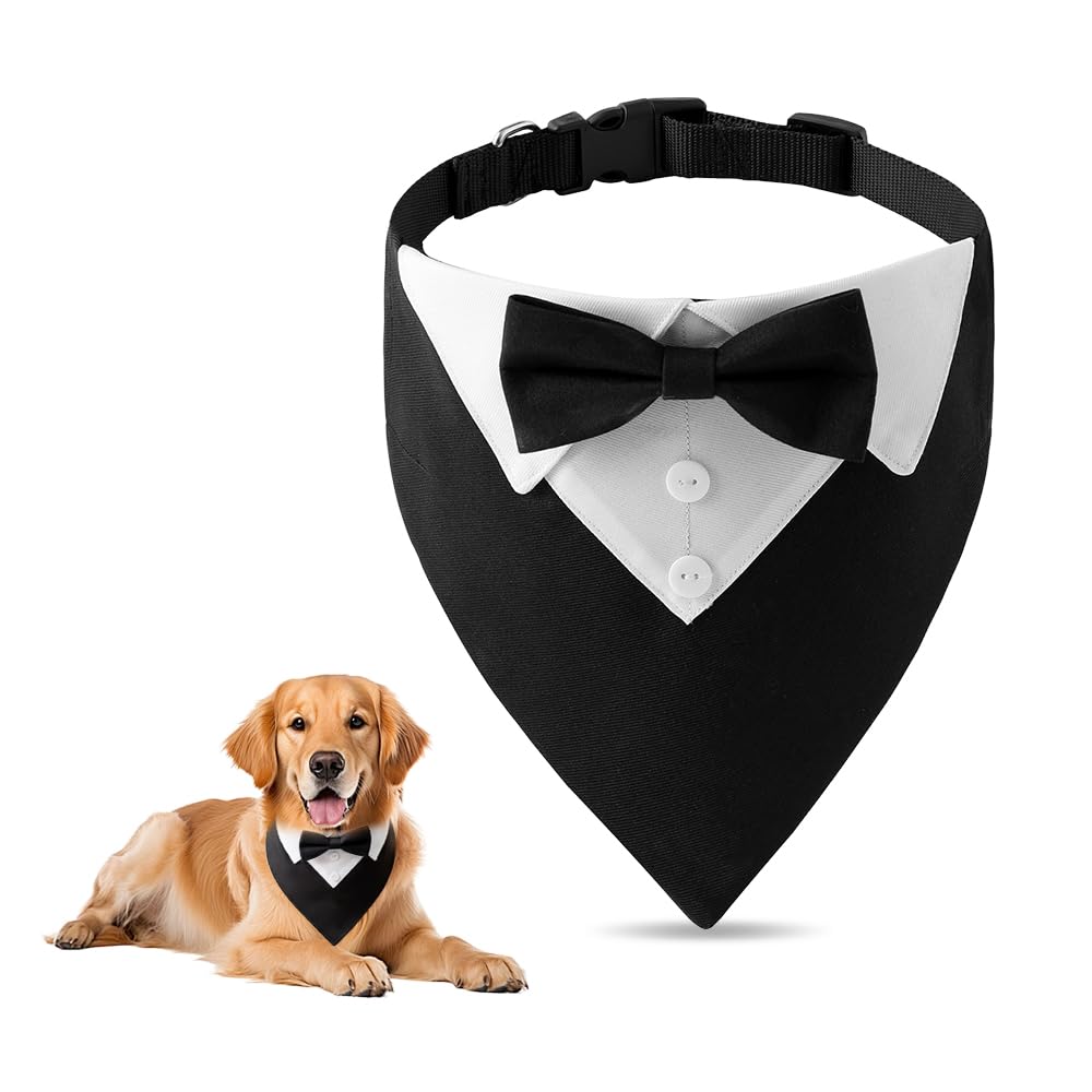 Bandana per Cani 36-60 cm Collare Smoking Cane Regolabile con Foulard e Papillon Cravatta Sciarpa Formale Nero